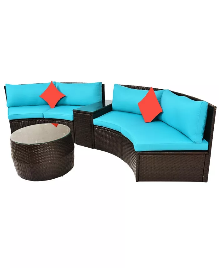 Simplie Fun 4-Piece Patio Furniture Sets Outdoor Half-Moon Sectional Furniture Wicker Sofa Set with Two Pillows and Coffee Table Blue Cushions+Brown Wicker