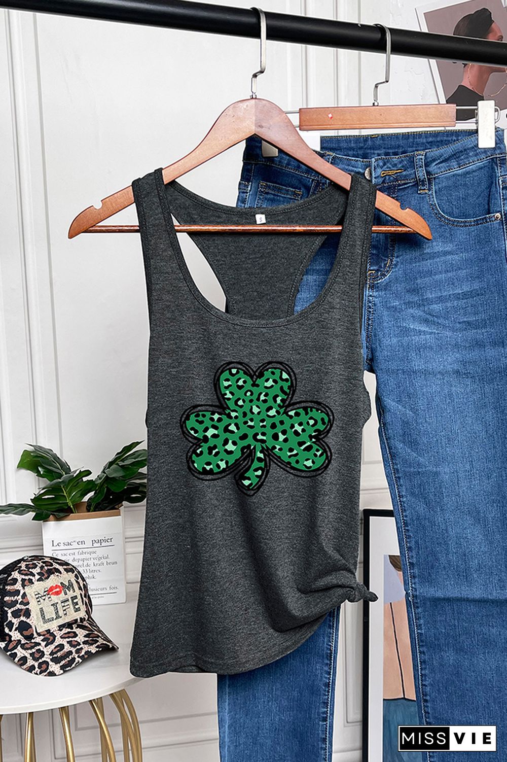 St Patricks Day,Leopard Shamrock Sleeveless Tank Top Wholesale