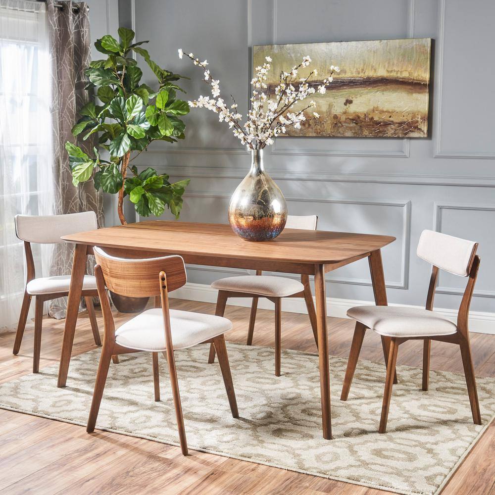 Noble House Alma 5-Piece Natural Walnut and Light Beige Dining Set 18360