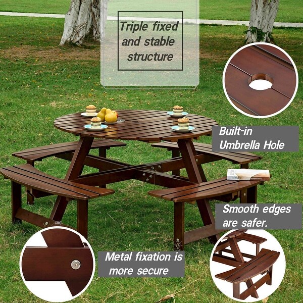 Outdoor 8 Person Picnic Table，8 person Round Picnic Table with 4 Builtin Benches，Umbrella Hole