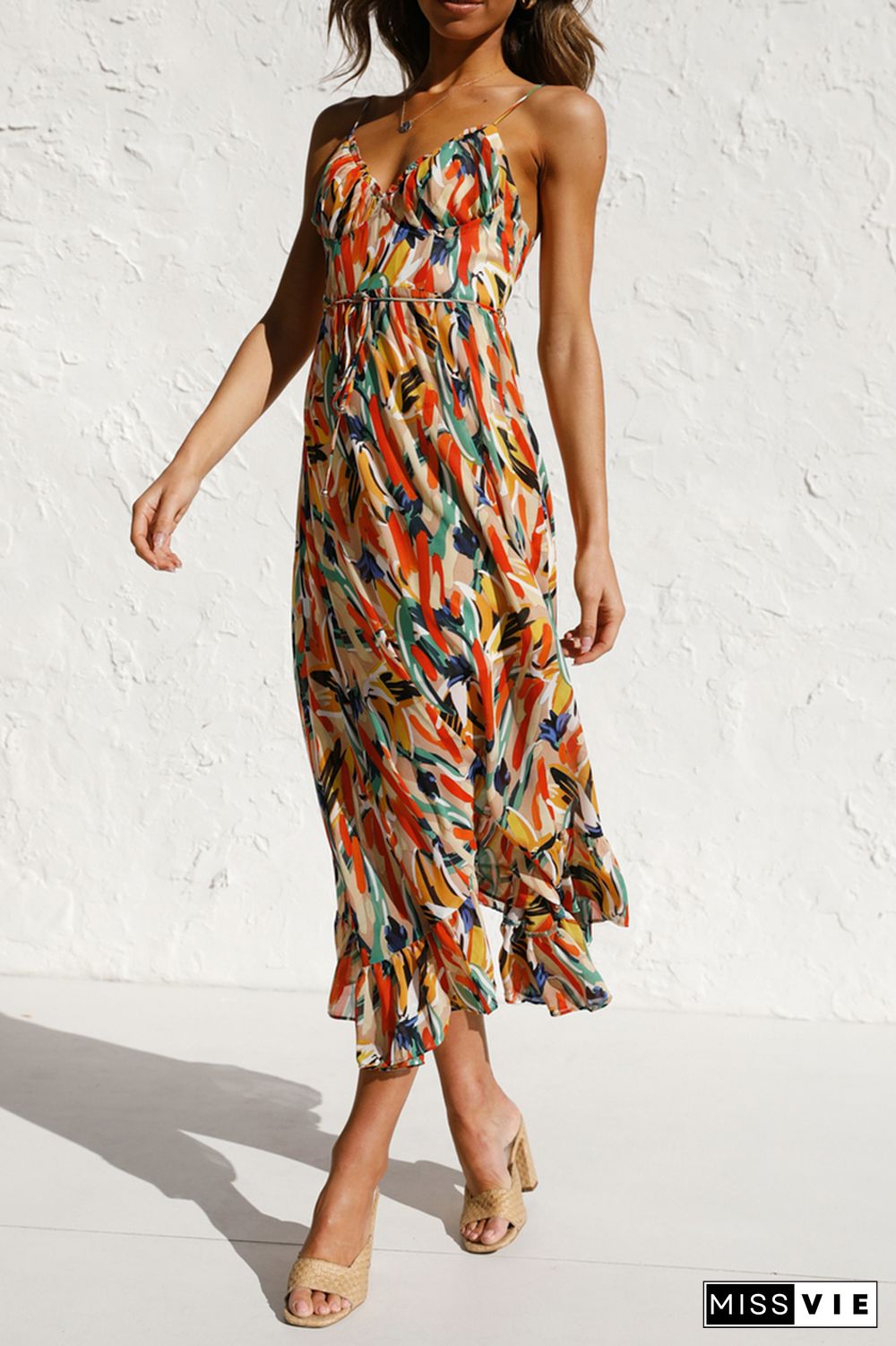 Fashion Print Split Joint Spaghetti Strap Cake Skirt Dresses