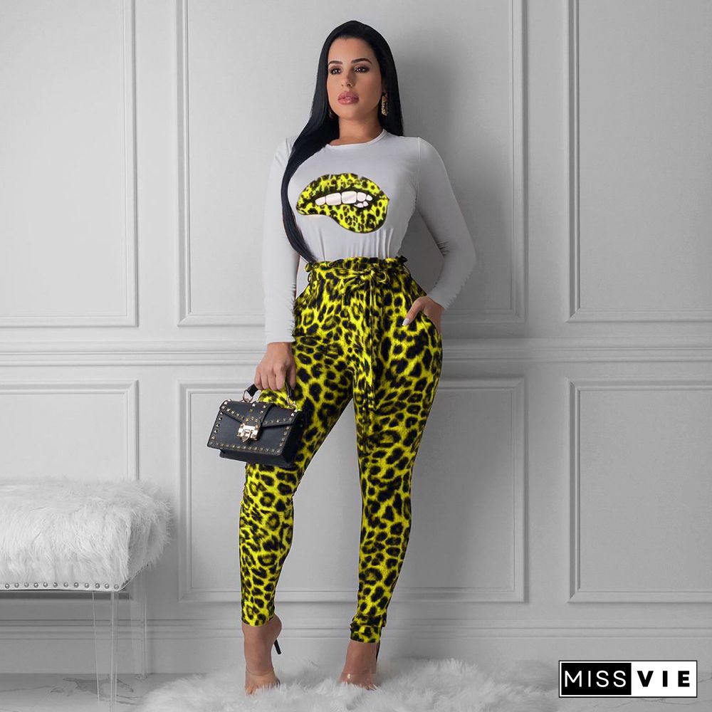 Leopard Print Long Sleeve T-shirt Pencil Pants Two-piece Set