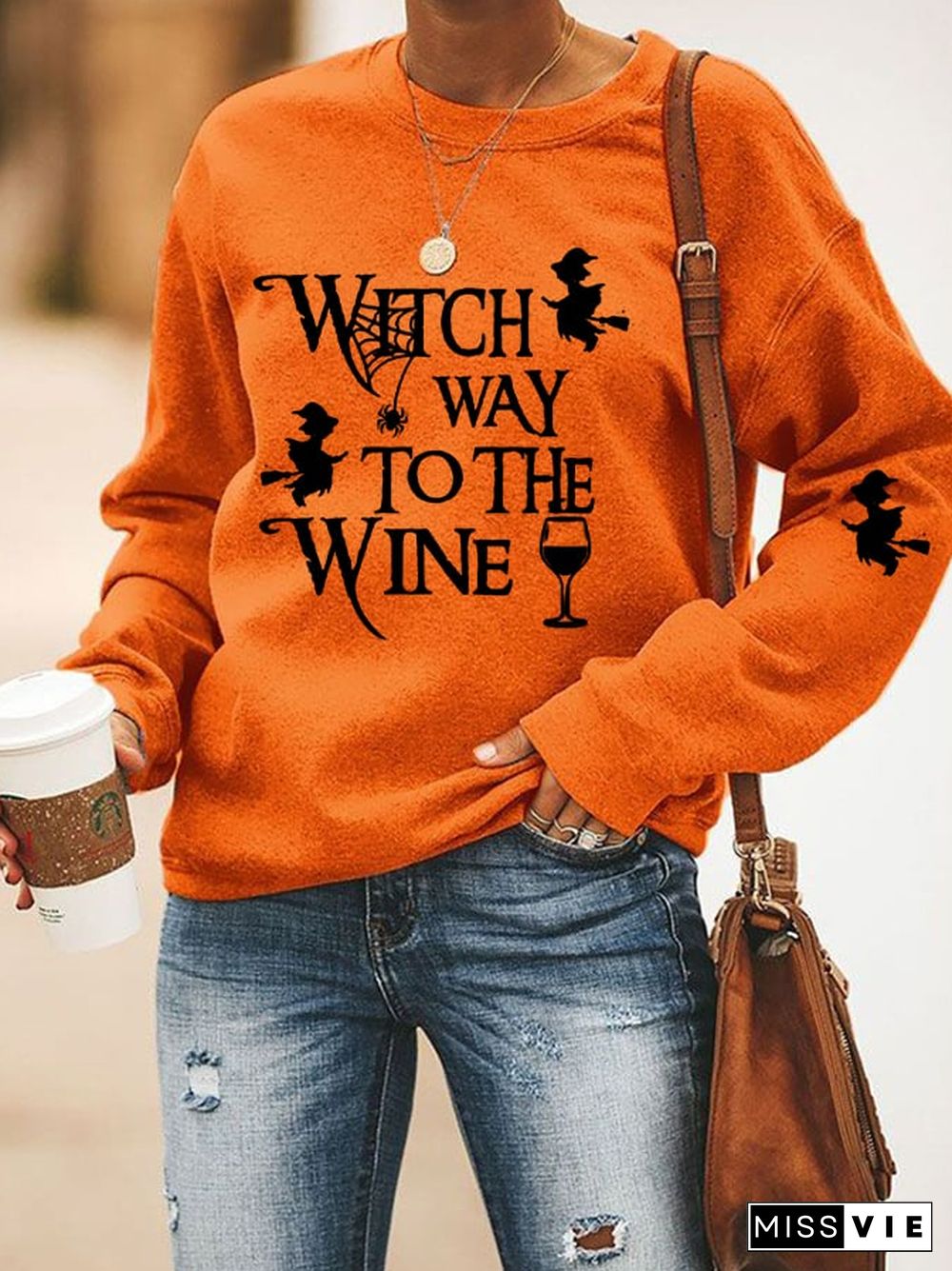 Women's HalloweenWitch Way To The Wine Prnted Sweatshirt