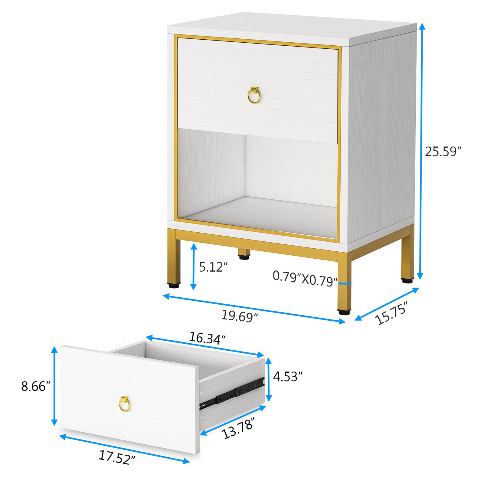 Tribesigns Nightstand with 2 Drawers, White + Gold Bedside End Table for Bedroom, Living Room