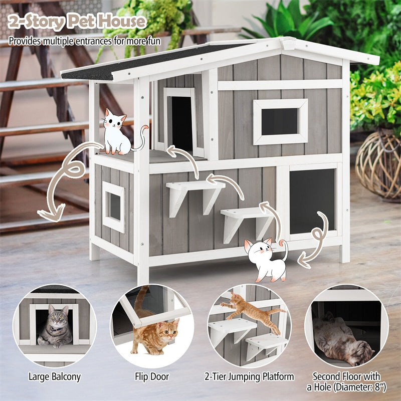 2-Story Outdoor Cat House Weatherproof Wooden Feral Cat Shelter Kitten Condo Cage Furniture with Escape Door Balcony & 2 Jumping Platforms