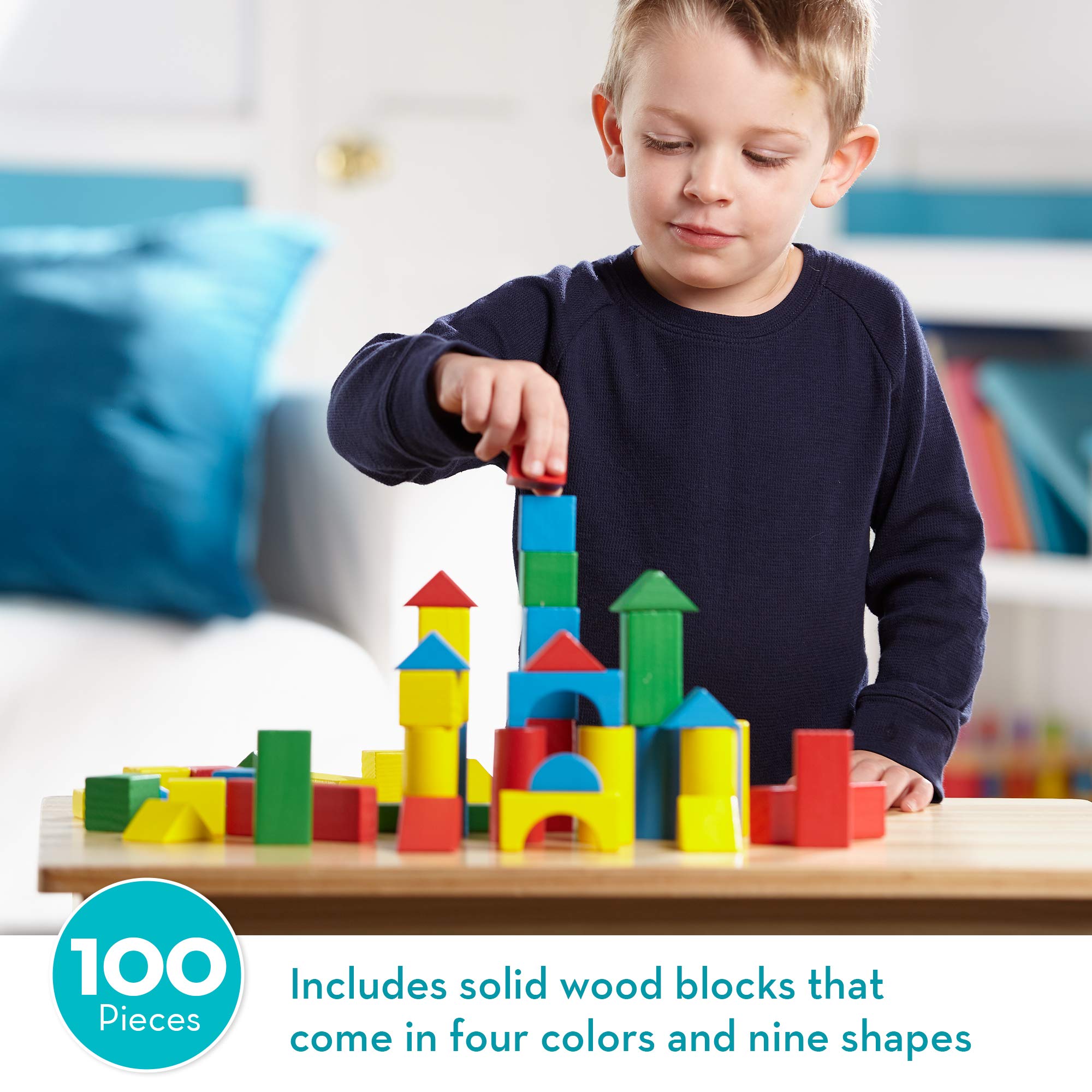 Melissa and Doug Wooden Building Blocks Set - 100 Blocks in 4 Colors and 9 Shapes - Classic Kids Toys， Colored Wood Blocks For Toddlers Ages 2+