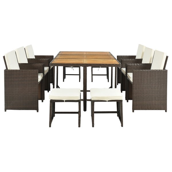 11-Piece Patio All-Weather PE Wicker Dining Table Set with Wood Tabletop for 10， Brown Rattan+ Beige Cushion - Overstock - 37904302