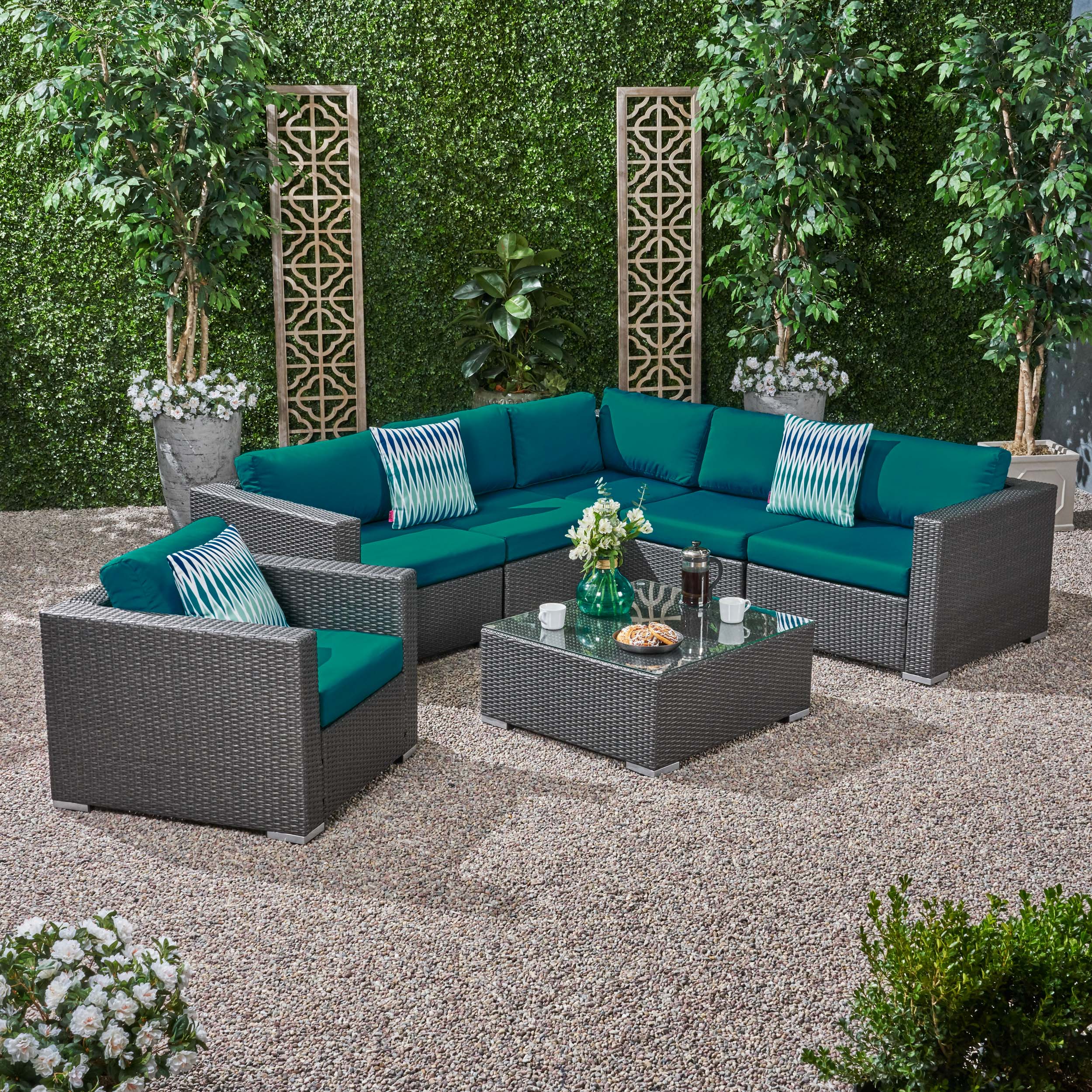 Kyra Outdoor 6 Seater Wicker Sectional Sofa Set with Sunbrella Cushions