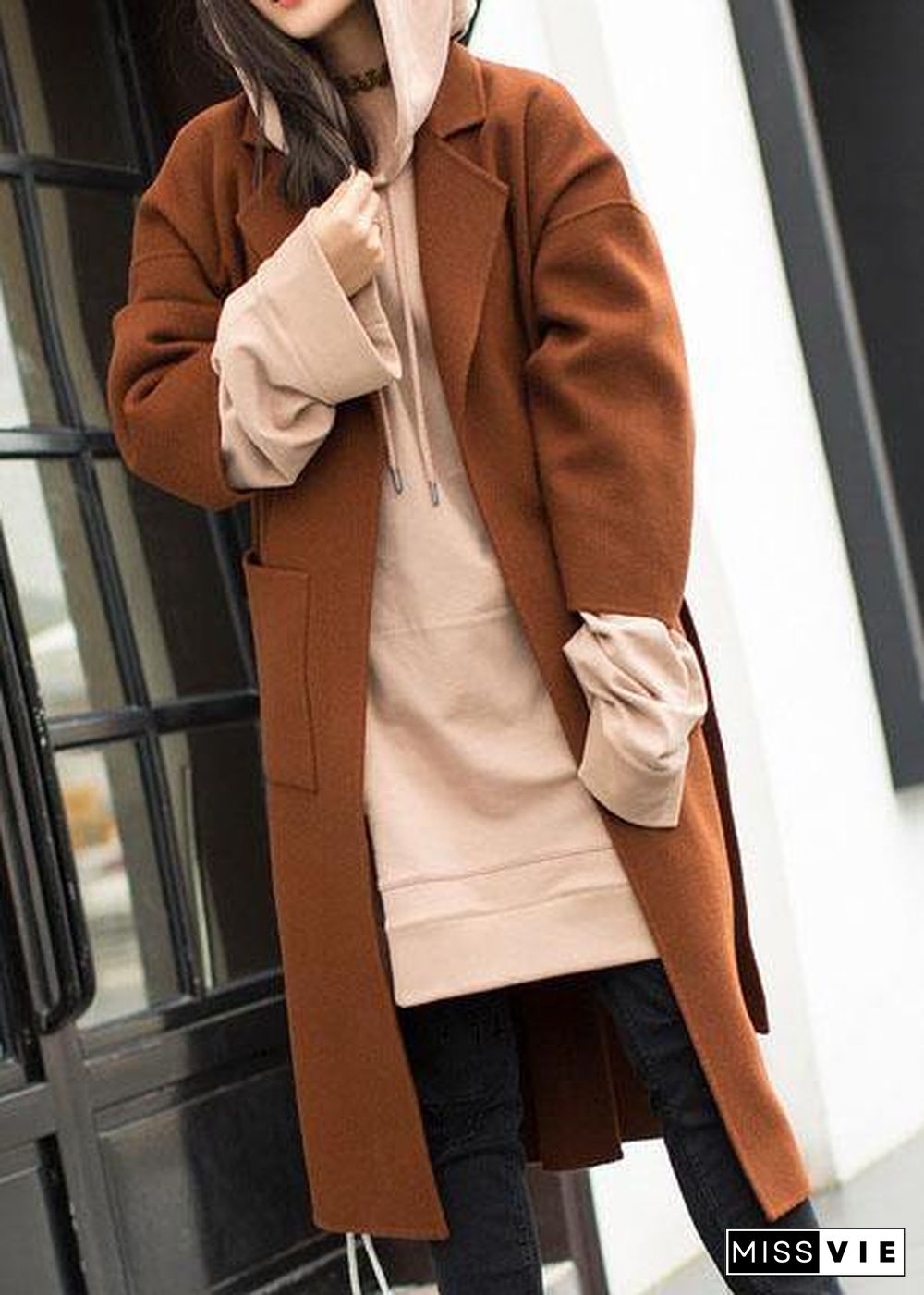 2019 plus size medium length coat Notched coat brown tie waist side open Woolen Coat Women