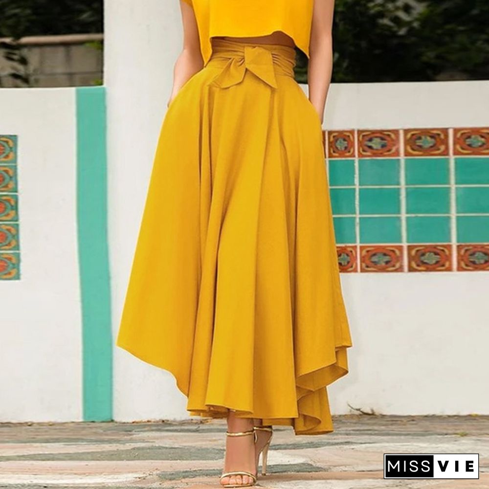 Women Summer High Waist Solid Color Swing Dress Plus Size Long Skirts