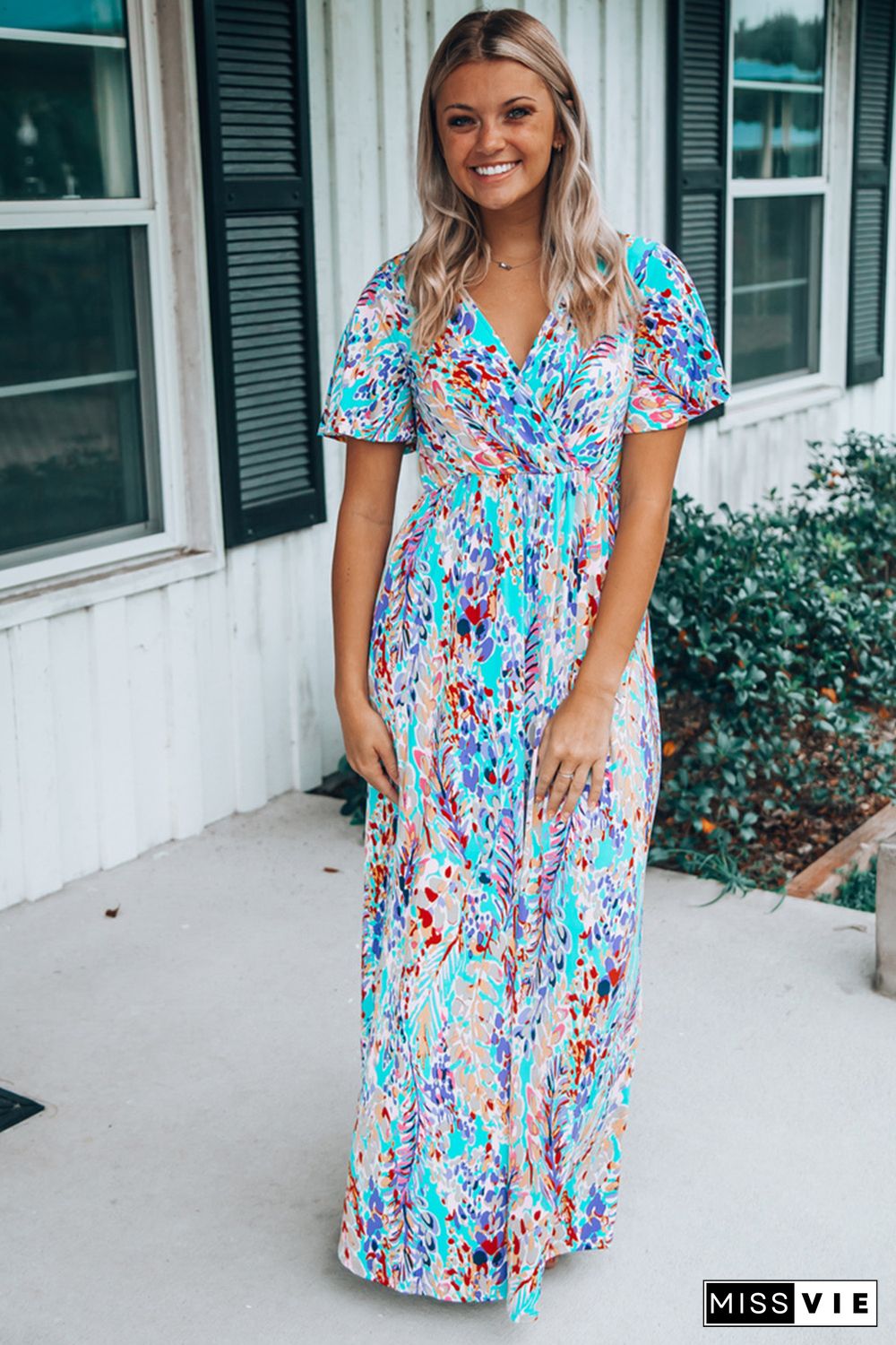 Green Wrap V Neck Floral Maxi Dress