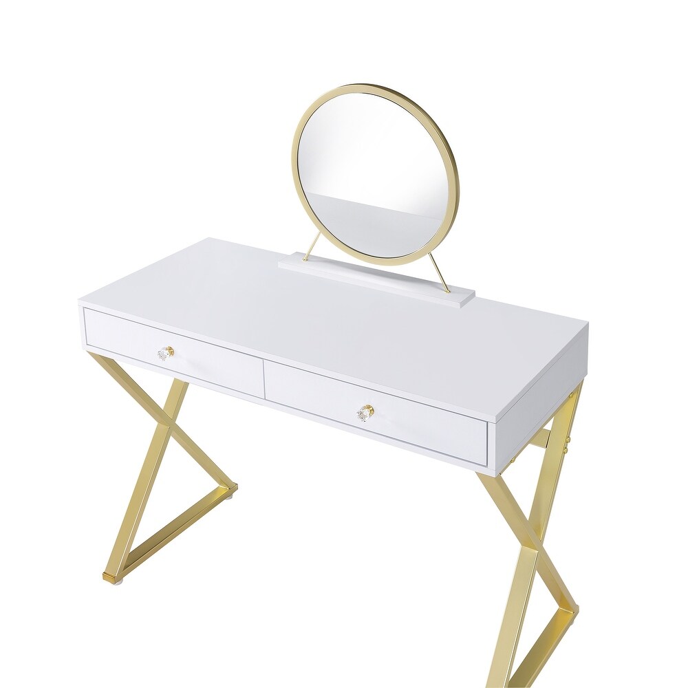 Gold Finish Vanity Desk with Mirror and Jewelry Tray