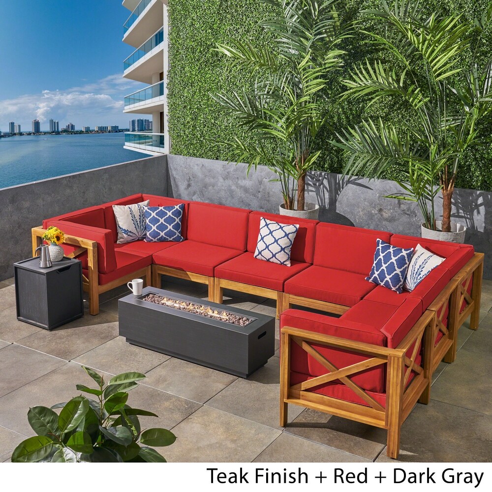 Thasos Outdoor Farmhouse Acacia Wood 8 Seater U Shaped Sectional Sofa Set with Fire Pit by Christopher Knight Home