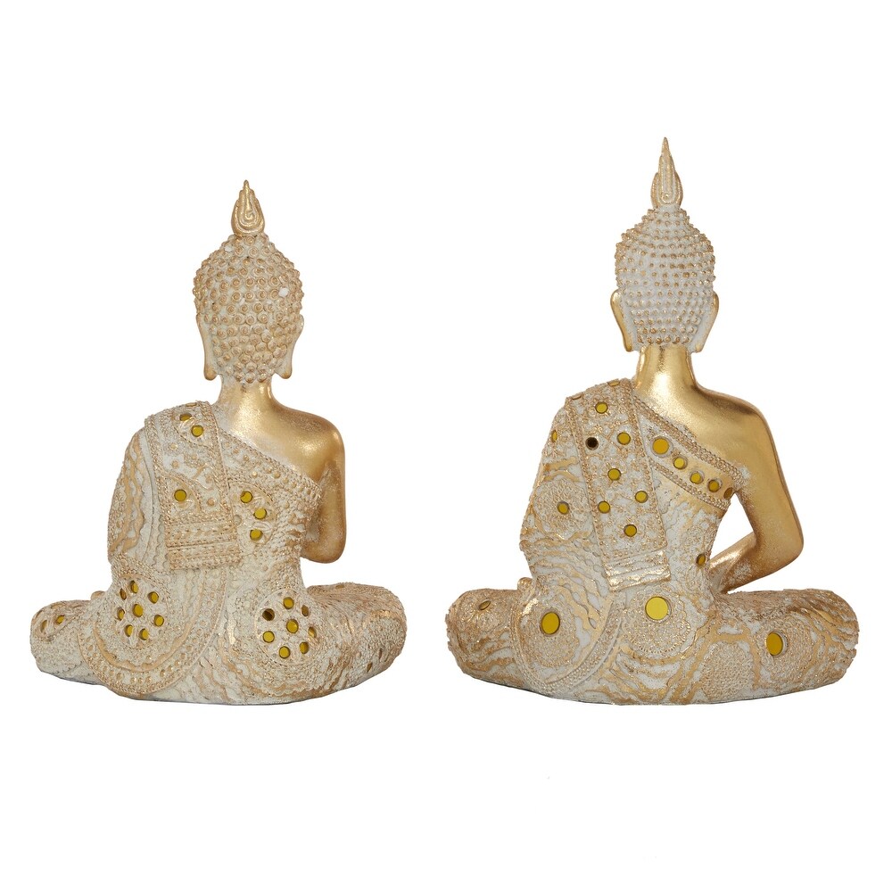 Gold Polystone Meditating Buddha Sculpture with Engraved Carvings and Relief Detailing (Set of 2)   8 x 5 x 10 and 8 x 4 x 11