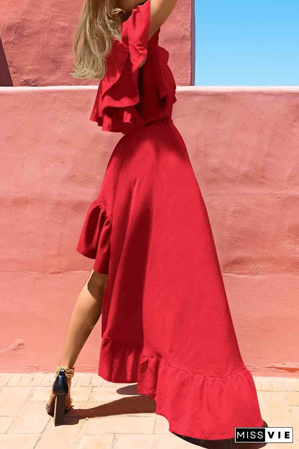 Red One Shoulder Ruffle High Low Maxi Dress