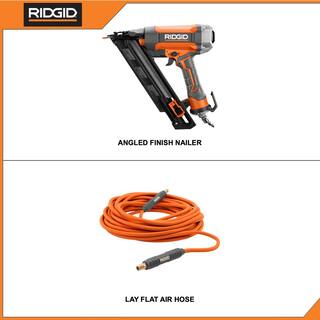 RIDGID Pneumatic 15-Gauge 2-12 in. Angled Finish Nailer with 14 in. 50 ft. Lay Flat Air Hose R250AFF-R5025LF