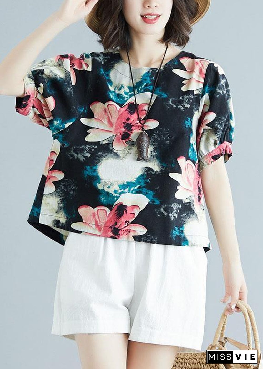 Beautiful floral cotton tunic pattern short sleeve daily summer shirt