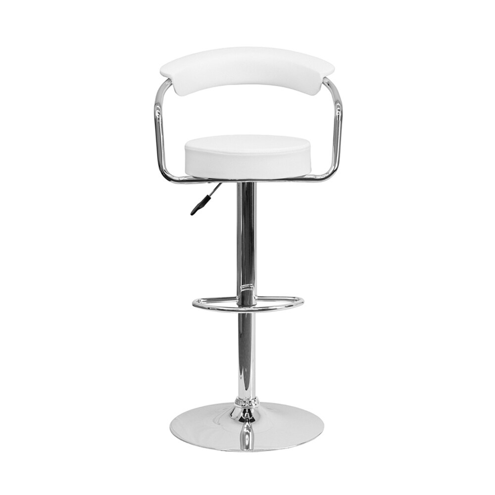 Offex Contemporary White Vinyl Adjustable Height Bar Stool With Arms And Chrome Base