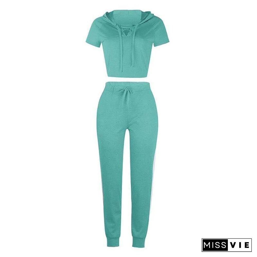 Summer 2 Piece Set Women Sexy Bandage Two Piece Set Top and Pants Long Pants Suit Female Short Sleeve Crop Tops Tracksuit