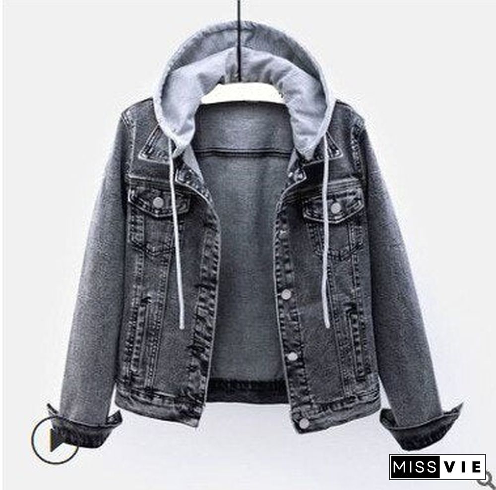 Jacket women Women's denim jacket short spring and autumn hooded jacket all-match student jacket Plush denim jacket Parkas