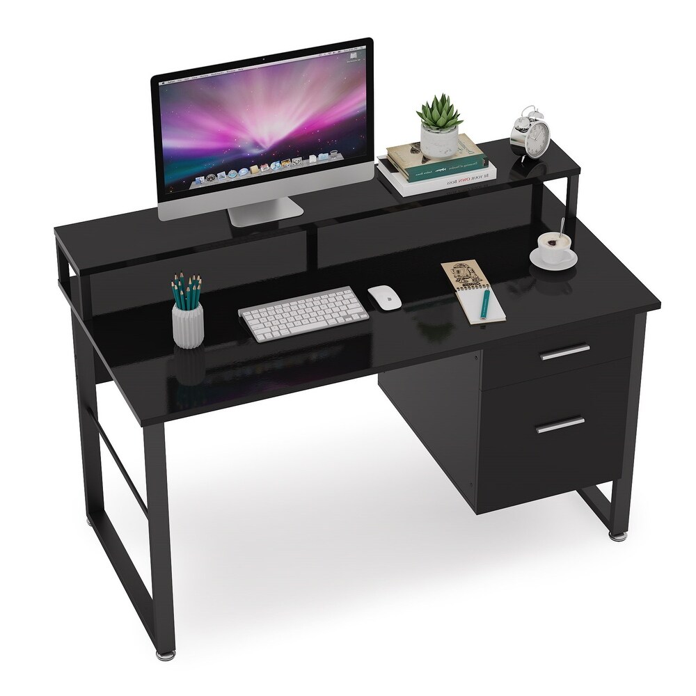 47 Inches White Computer Desk with Hutch  Home Office Desks with 2 Drawers Storage