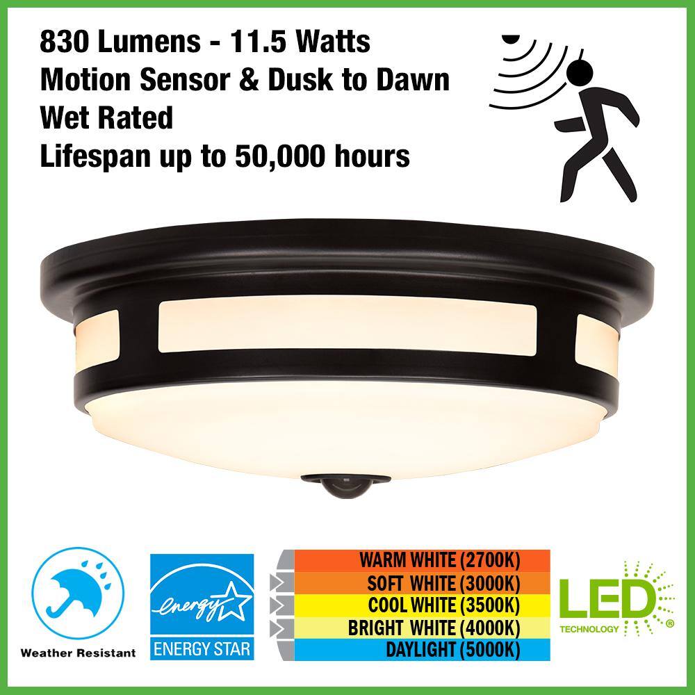 Hampton Bay 11 in. Round Black Exterior Outdoor Motion Sensing  LED Ceiling Light 5 Color Temperature Options Wet Rated 830 Lumens 564281011