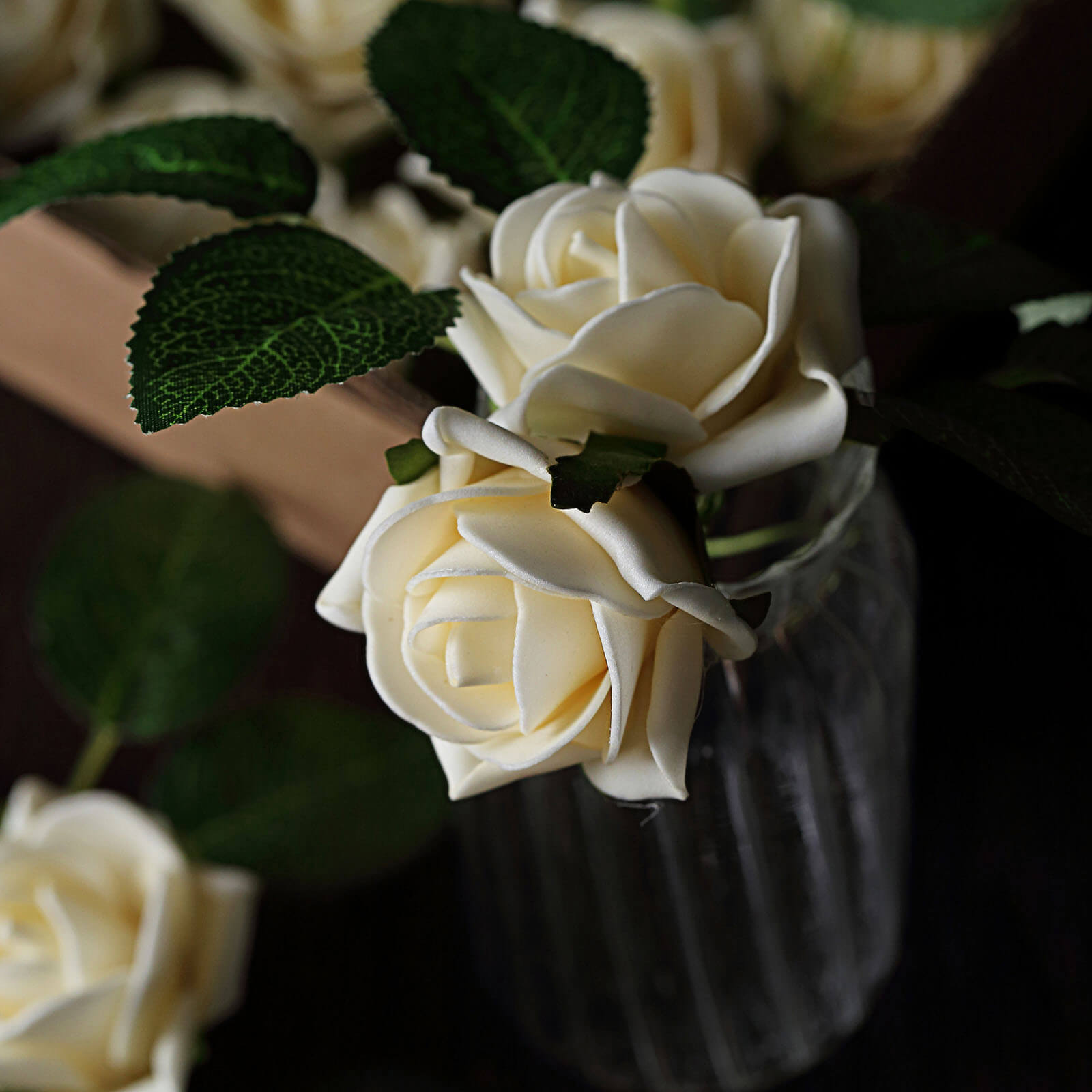 24 Roses Cream Artificial Foam Flowers With Stem Wire and Leaves 2