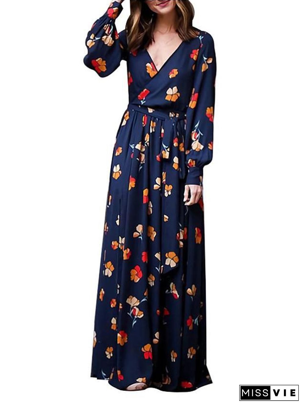 Women's Chiffon Dress Maxi long Dress Long Sleeve Floral Split Print Spring Casual Linen Royal Blue S M L XL XXL 3XL Black Dresses