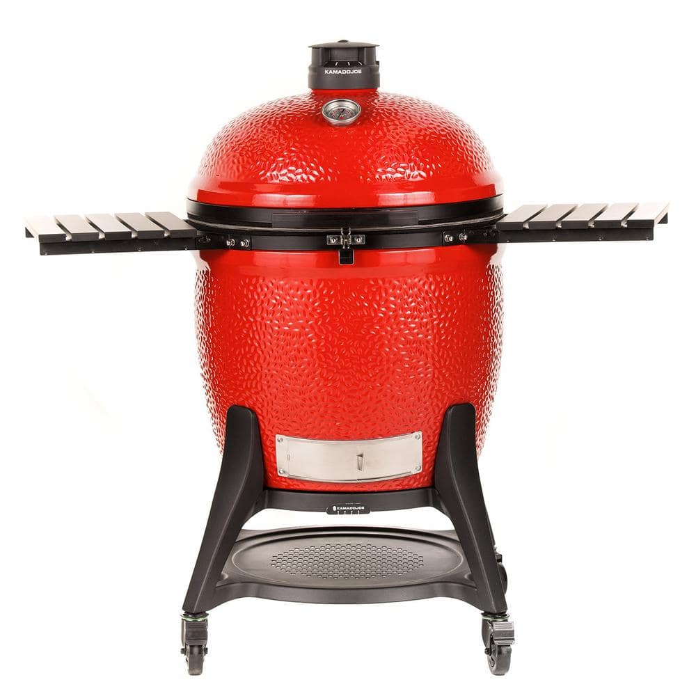 Kamado Joe Big Joe III 24 in. Charcoal Grill in Red with Cart, Side Shelves, Grate Gripper, and Ash Tool KJ15041021