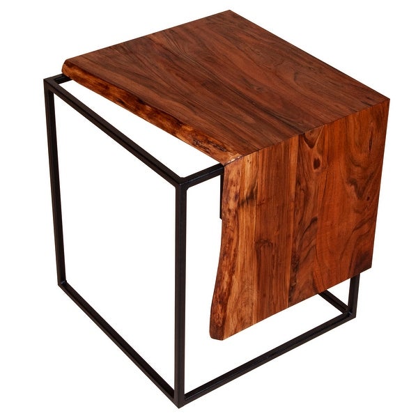 21 Inch Solid Acacia Wood Accent End Side Table， Live Edge， Metal Frame， Brown， Black