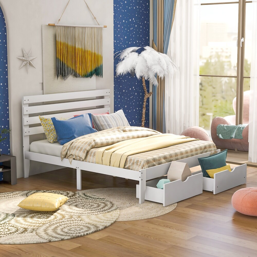 Solid Pine Platform Bed Frame with 2 Storage Drawers   Headboard