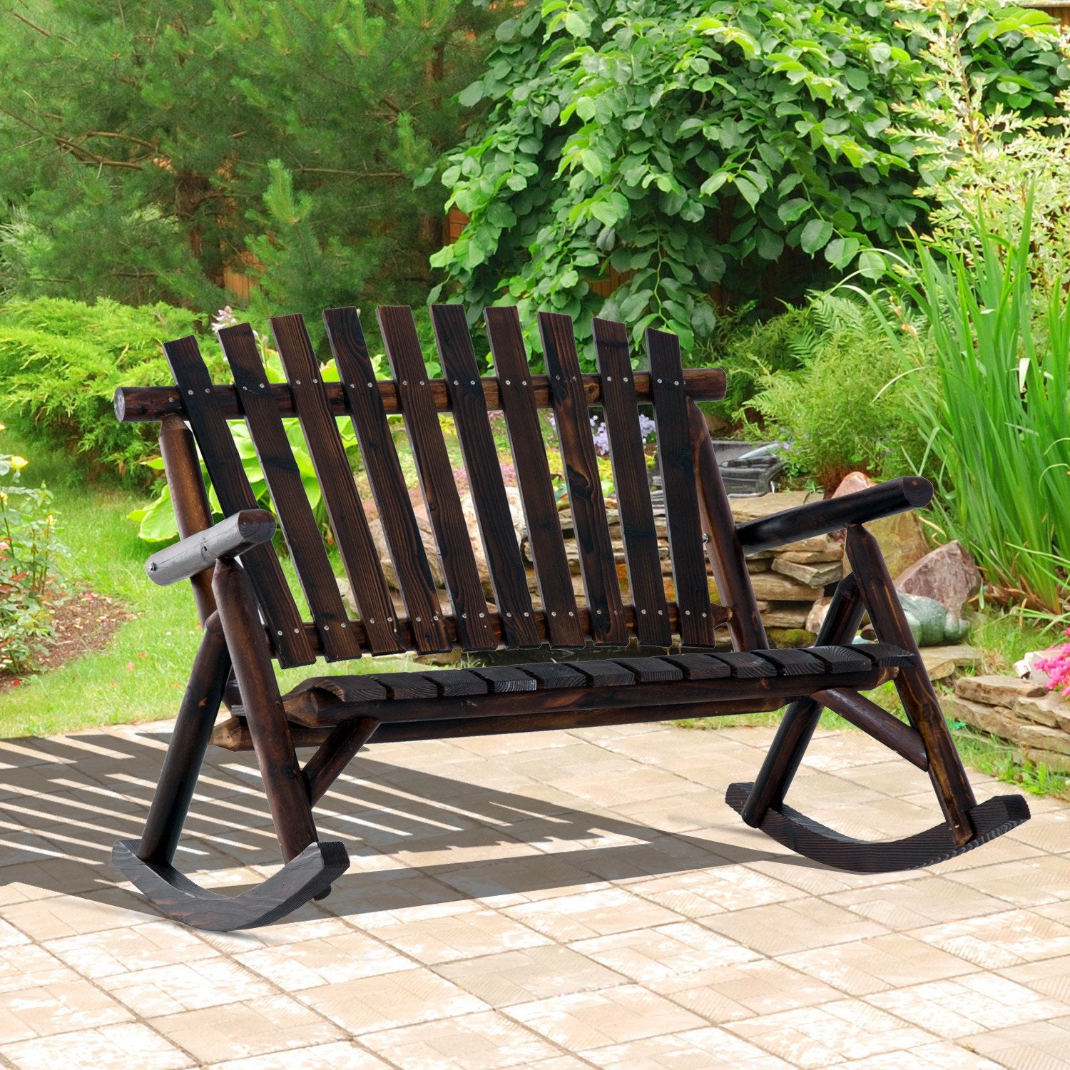 Andoer 2 Person Fir Wood Rustic Outdoor Patio Adirondack Rocking Chair Bench