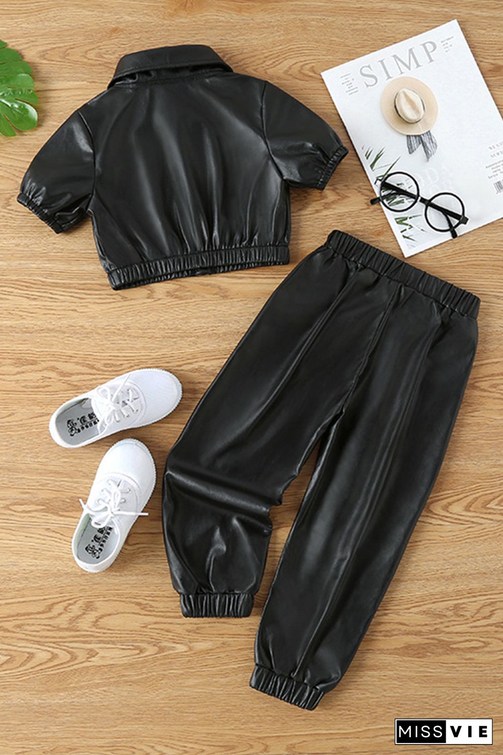 Black PU Open Zipper Crop with Joggers 2pcs Pant Set