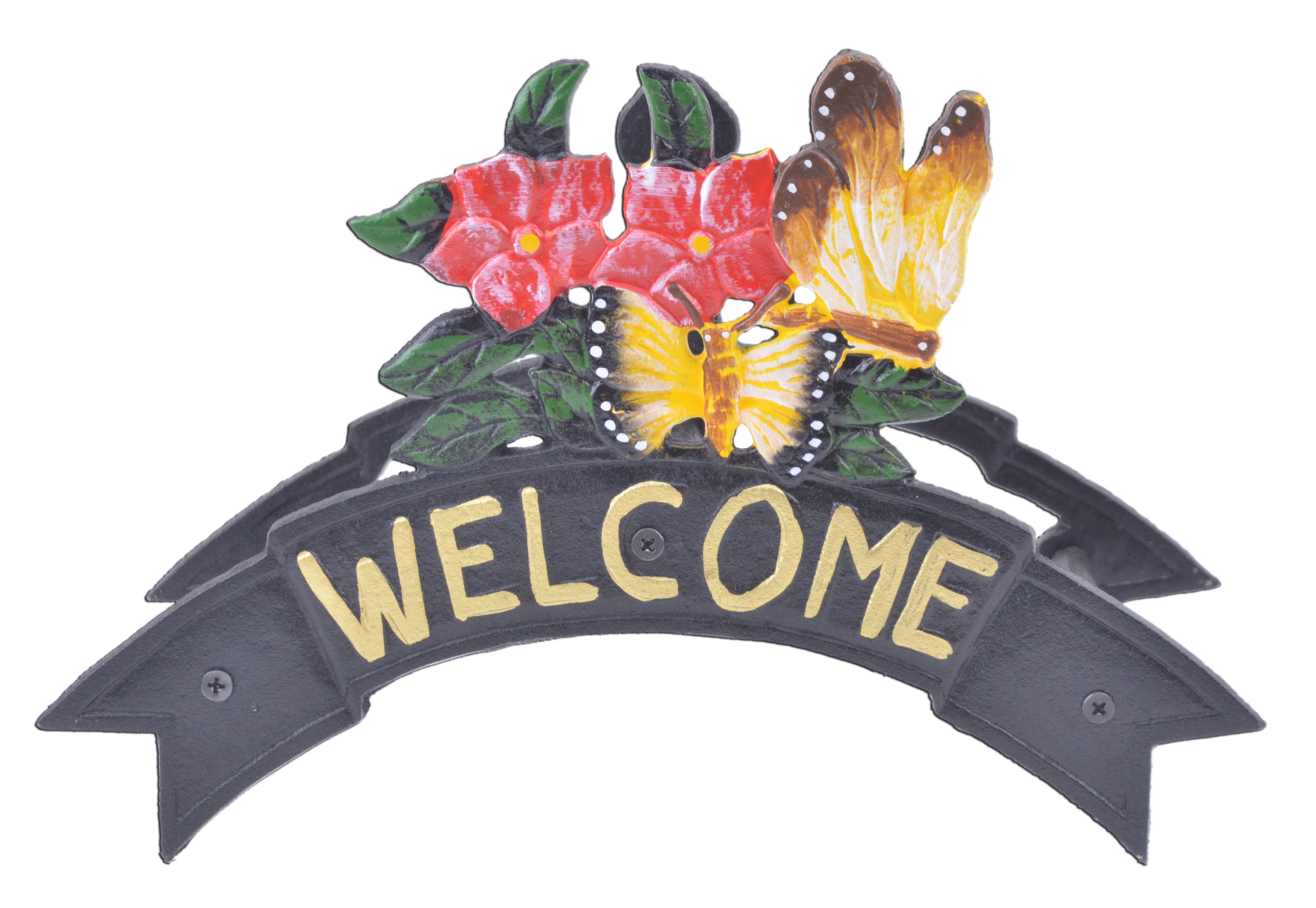 Welcome Garden Hose Holder - Butterflies and Flowers - Black Cast Iron - 12.38