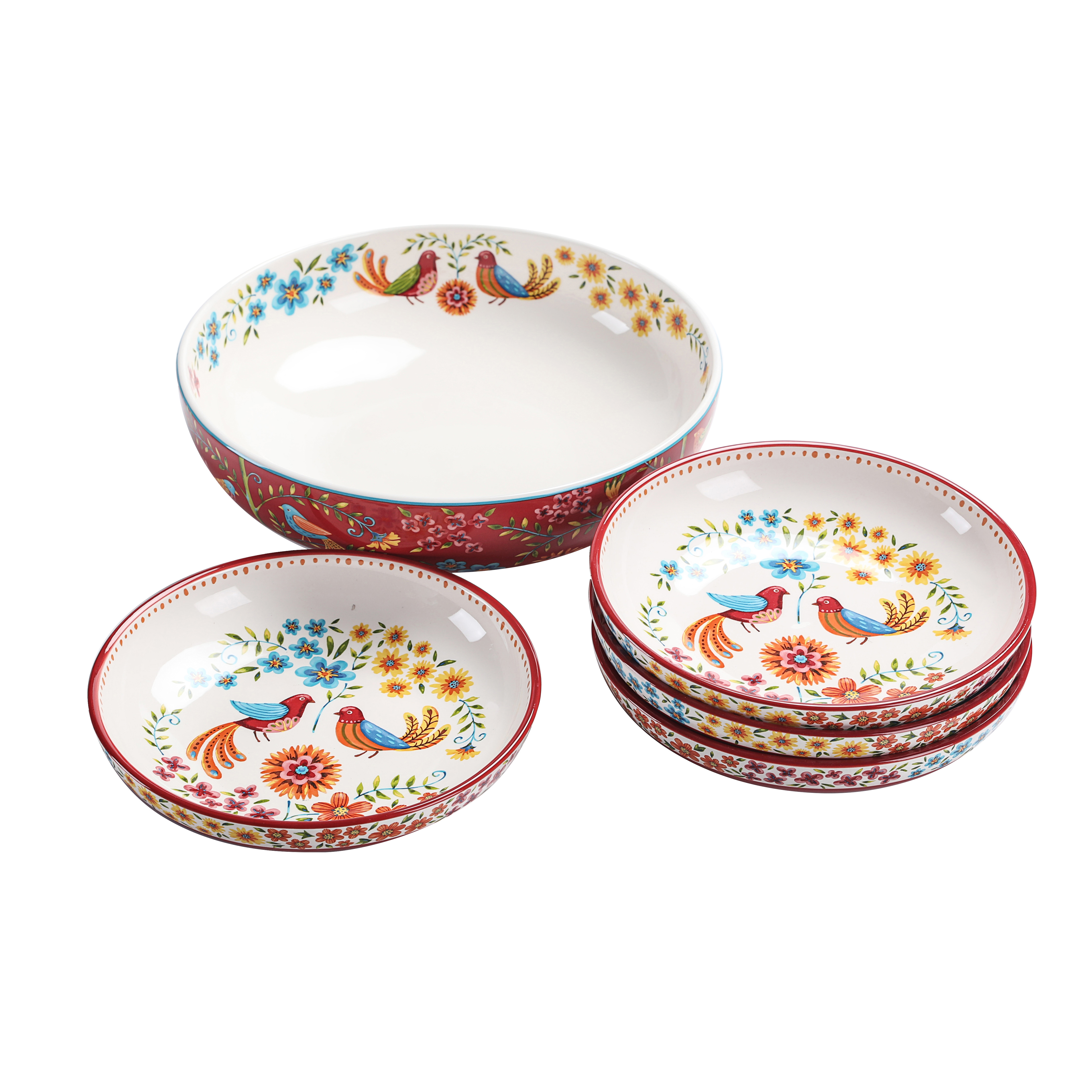 Bico Red Spring Bird Ceramic Pasta Bowl， Set of 5(1 unit 214oz， 4 units 35oz)， for Pasta， Salad， Microwave and Dishwasher Safe