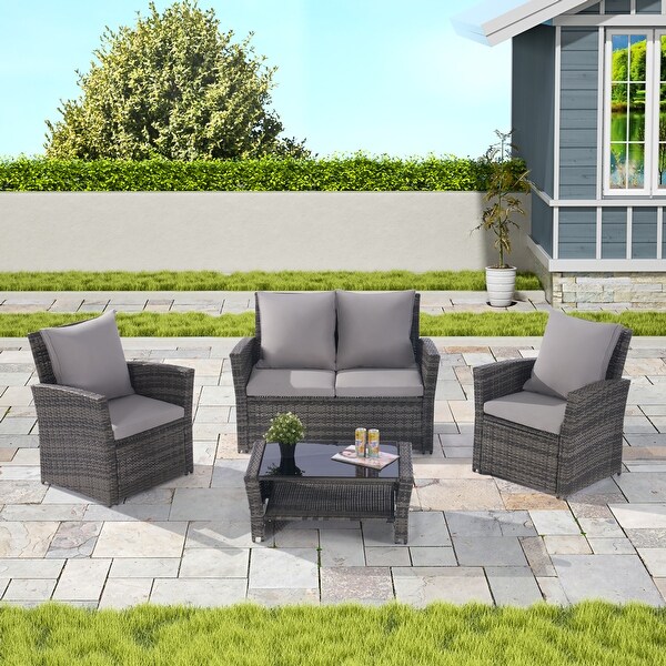 4 Pieces Outdoor Patio Furniture Sets Garden Rattan Chair Wicker Set