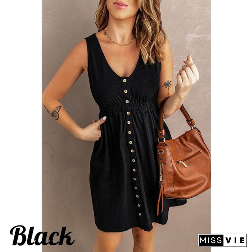 Womens Casual Sleeveless Button Down Elastic Waist Swing Loose Plain Short Dresses Plus Size Tank Tops Dresses