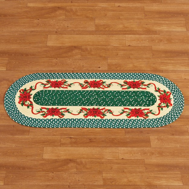 Collections Etc Holiday Poinsettias On Green Braided Runner Rug