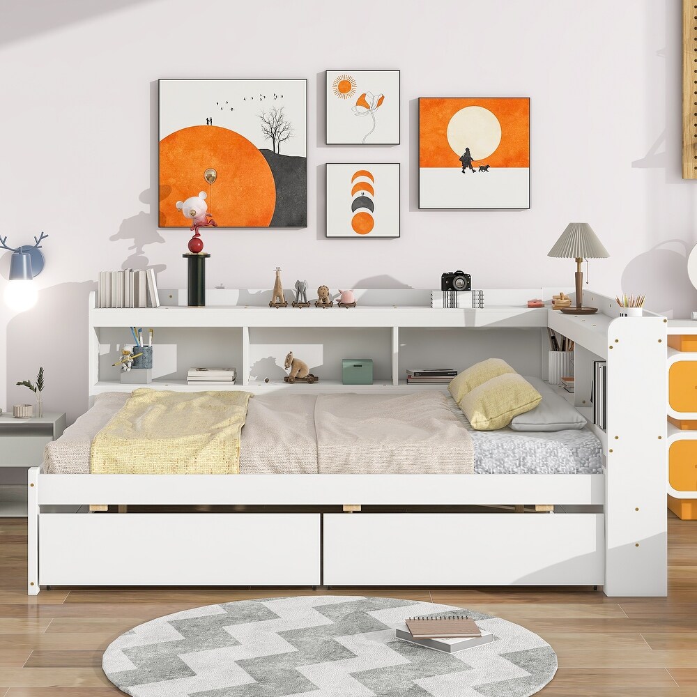 Full Bed with L shaped Bookcases  Drawers  White