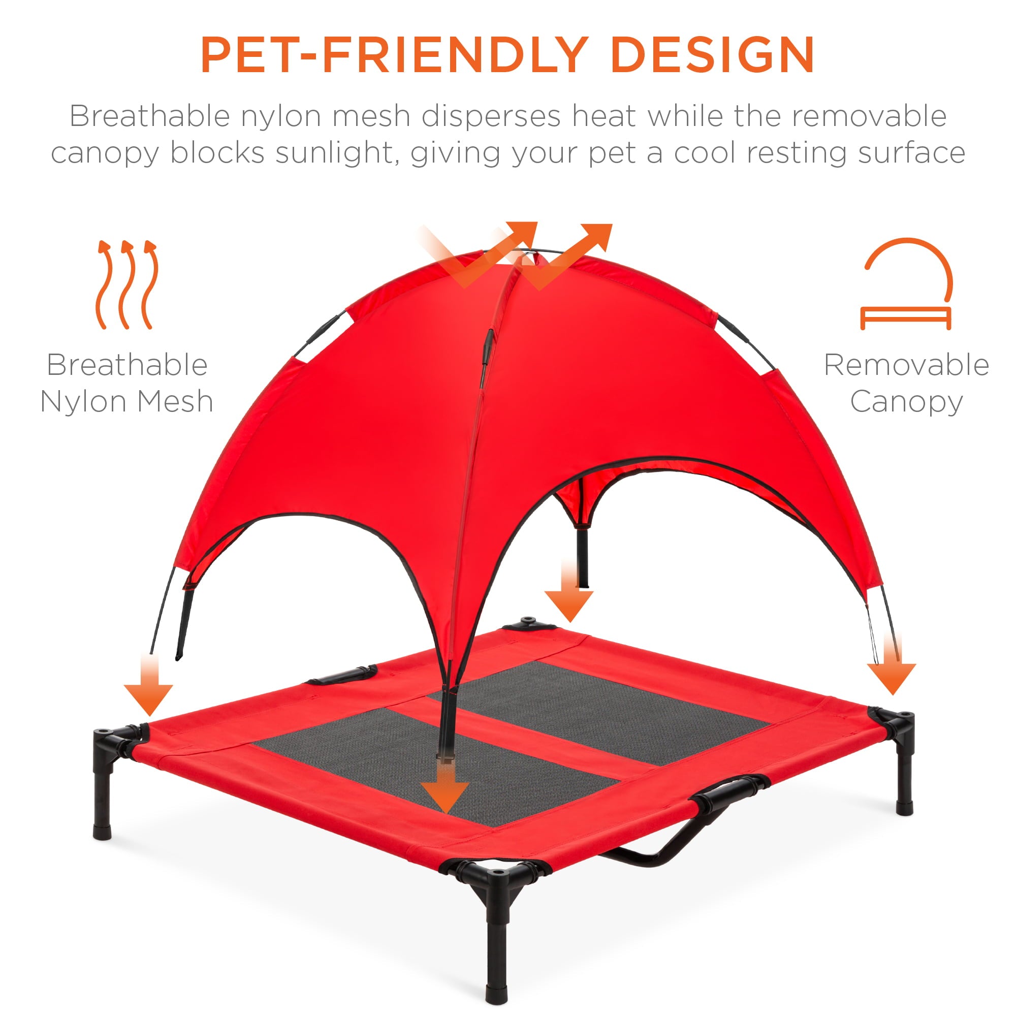 Best Choice Products 36in Outdoor Raised Mesh Cot Cooling Dog Pet Bed w/ Removable Canopy, Travel Bag - Red