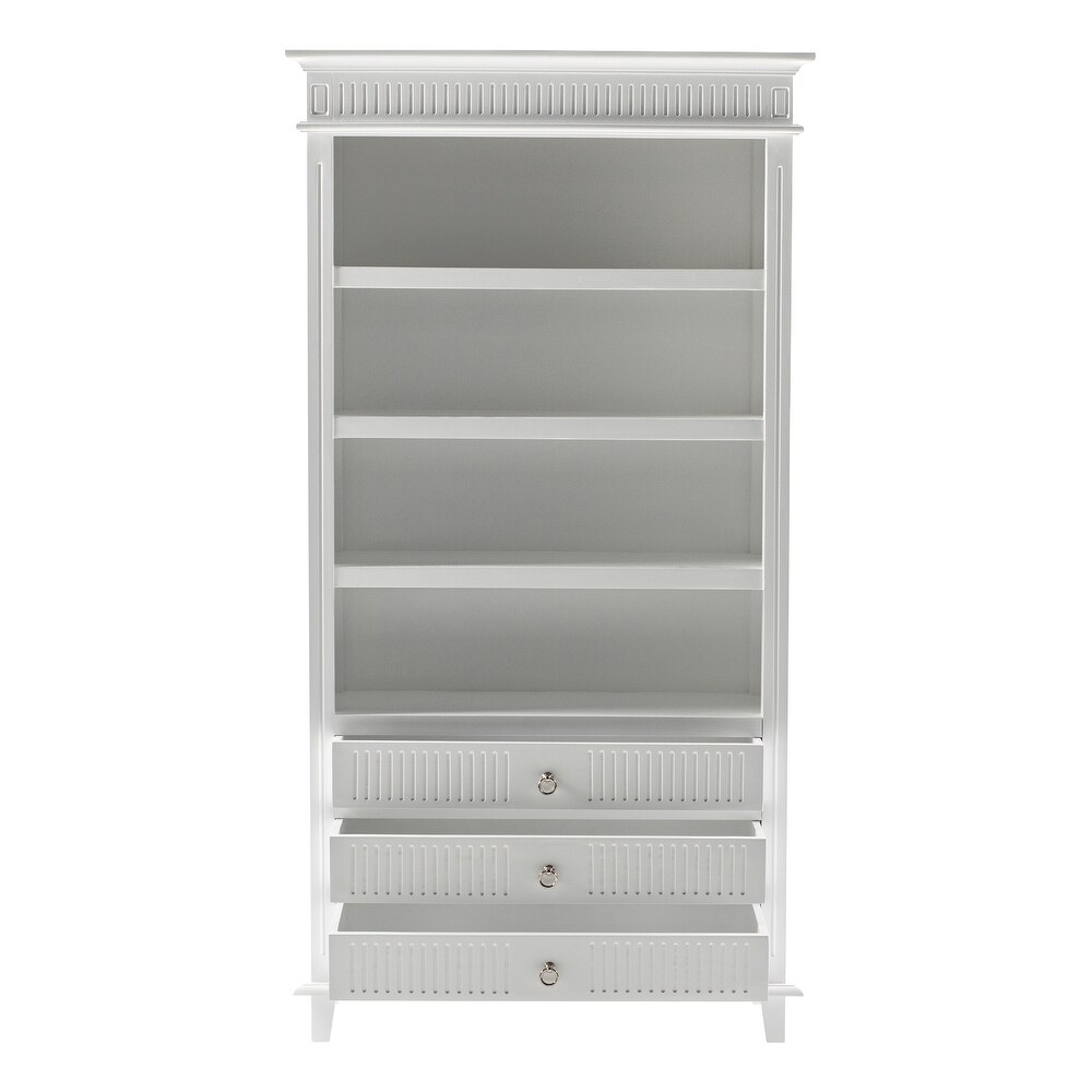 NovaSolo Skansen Nordic Design Classic White Bookcase with 3 Drawers  Solid Mahogany Frame  39.37 x 15.75 x 74.8   7'9\