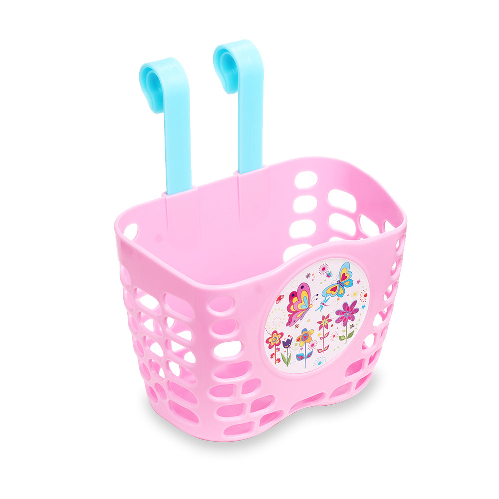 Kid's Bike Basket， MINI-FACTORY Pink Basket - Cute Butterfly and Flowers Pattern Bicycle Front Handlebar Basket for Kid Girls