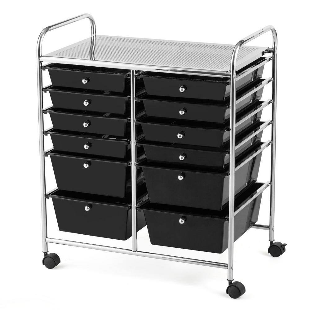 HONEY JOY 12-Drawers Plastic Rolling Storage Cart with Organizer Top in Black TOPB002443