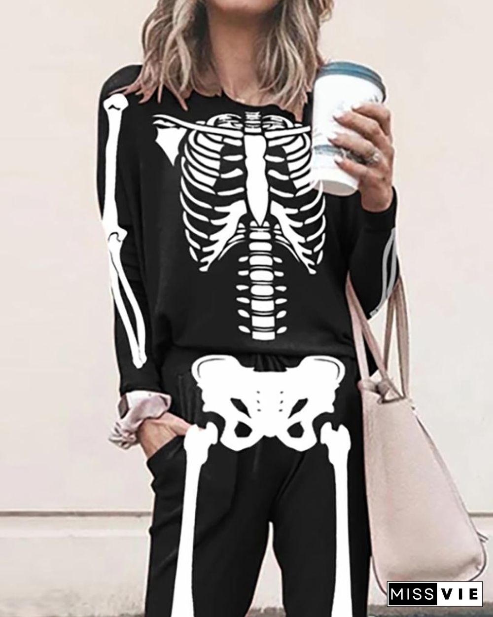 Halloween Skeleton Print Top & Pocket Design Pants Set