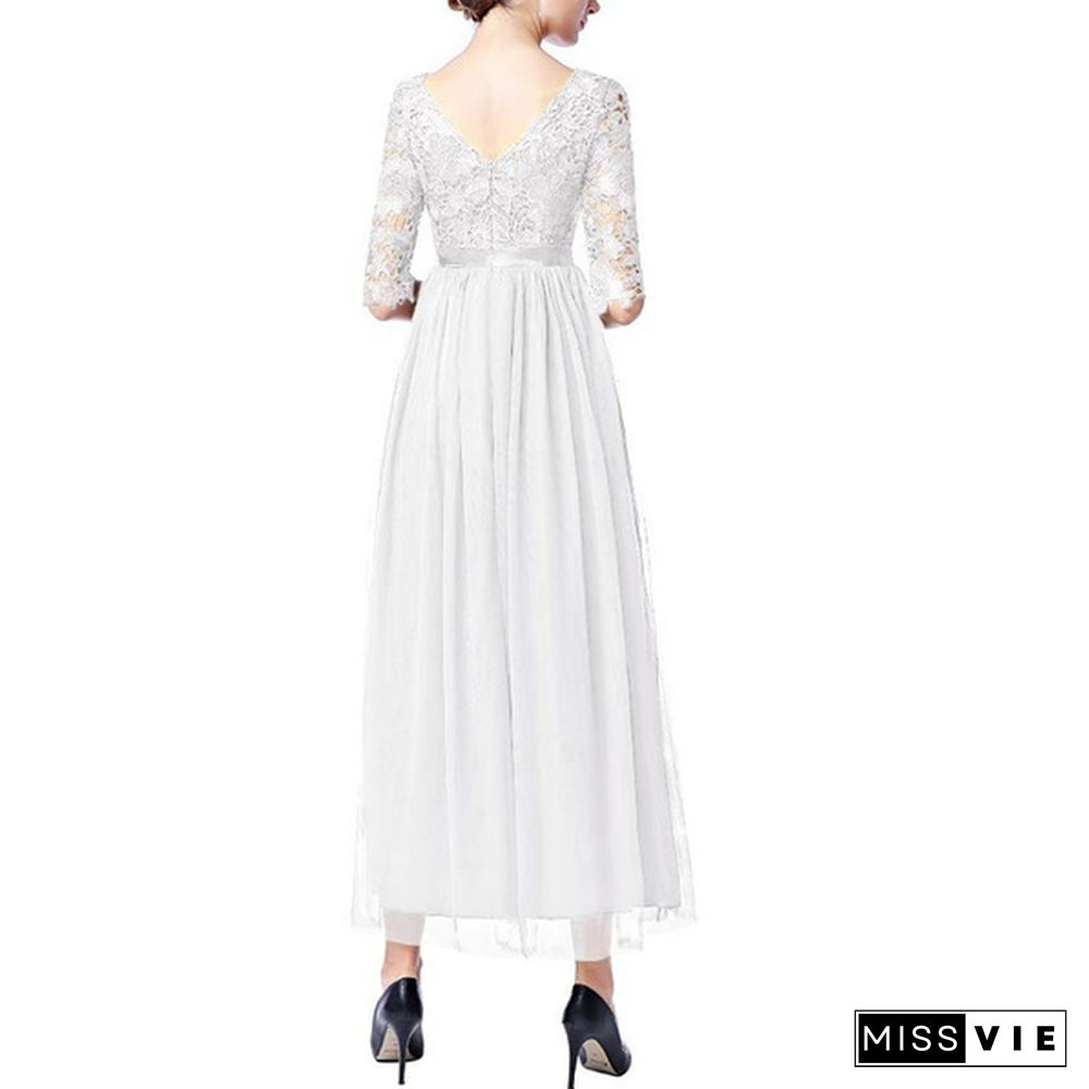 Women's Vintage Floral Lace 3/4 Sleeves Floor Length Retro Evening Cocktail Formal Bridesmaid Gown Long Maxi Dress