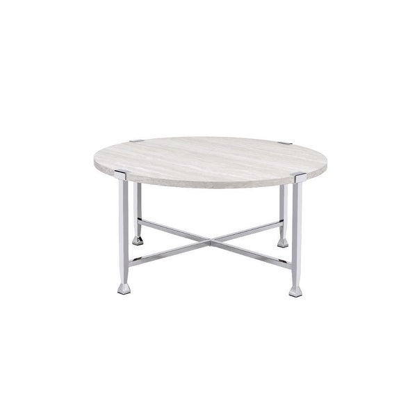 Coffee Table， White Oak andChrome Round Coffee Table : NO Storage Wooden Top， Metal Frame Leg with X-Shape Support Wooden Top