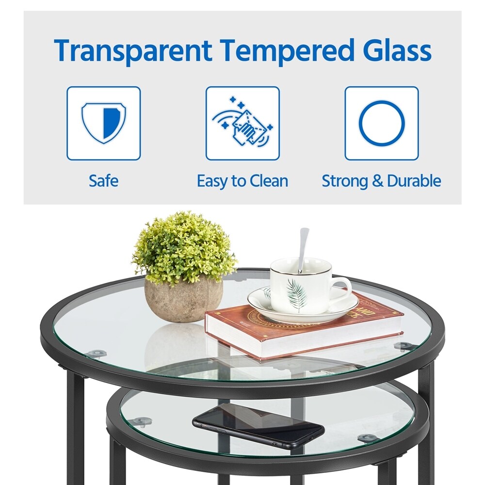 Yaheetech Round Nesting End Table Set with Glass Top for Small Space