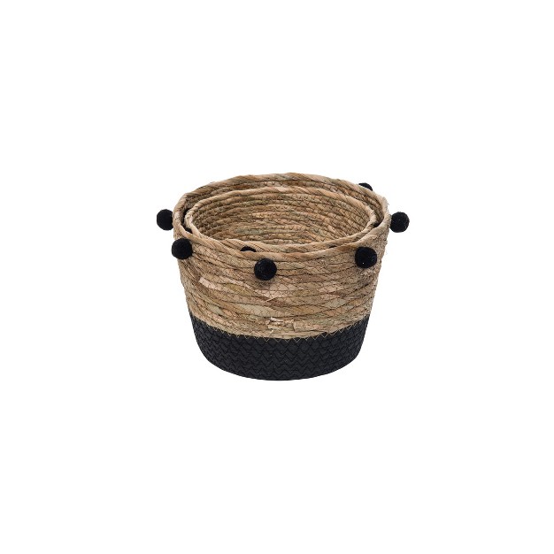 Set Of 2 Natural Cattail Decorative Storage Baskets With Pom Poms Foreside Home amp Garden