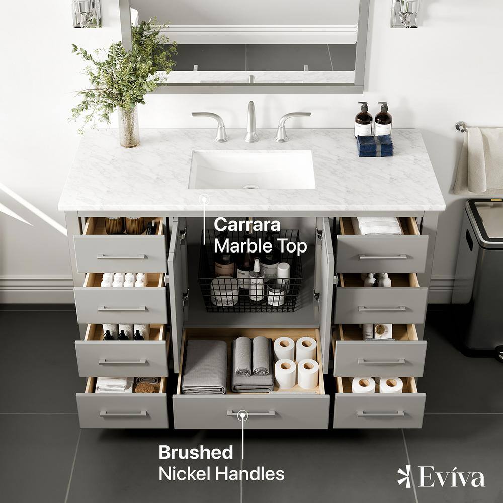 Eviva Aberdeen 48 in. W x 22 in. D x 35 in. H Bath Vanity in Gray with White Carrara Marble Top with White Sink EVVN412-48GR