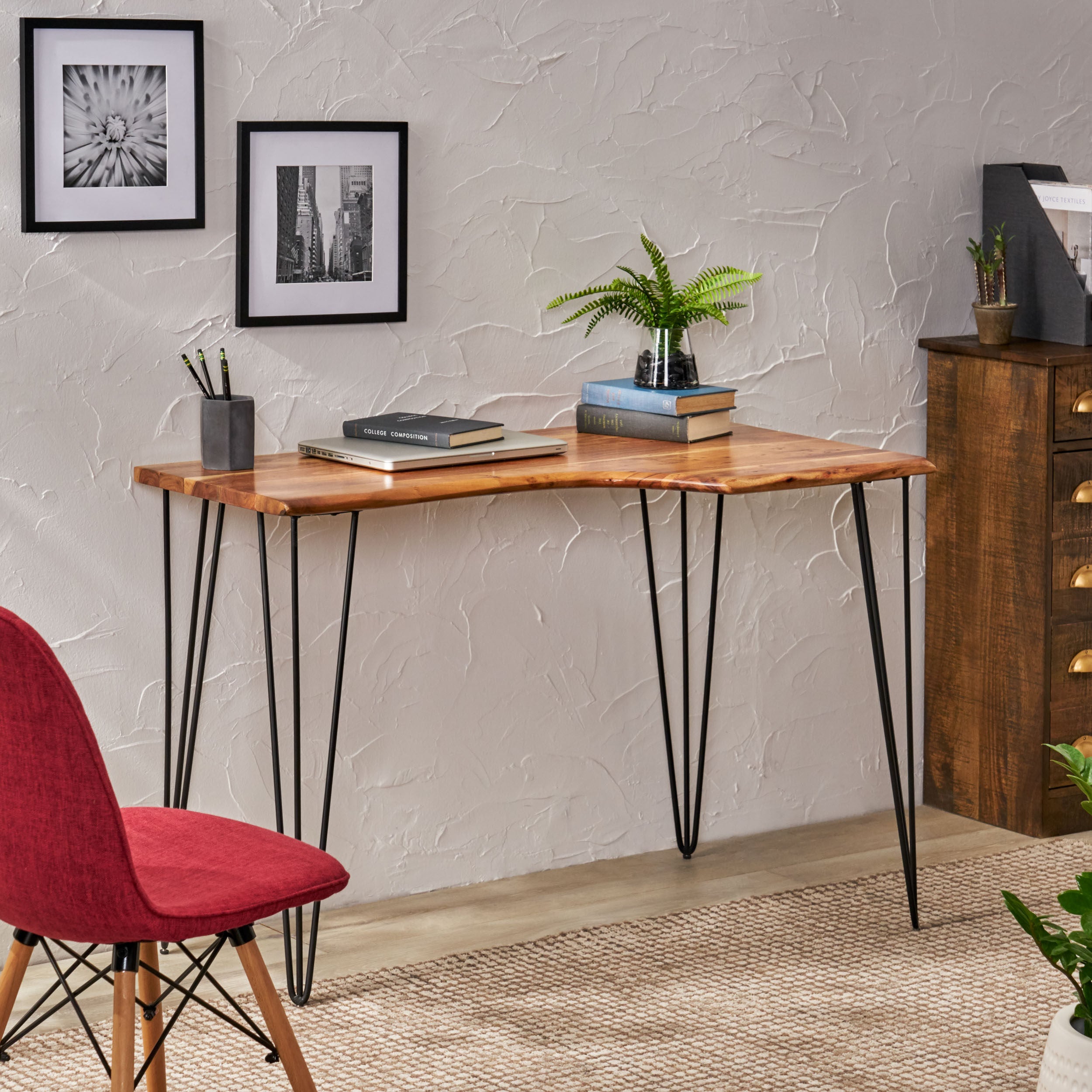 Americus Modern Industrial Handcrafted Acacia Wood Desk with Hairpin Legs